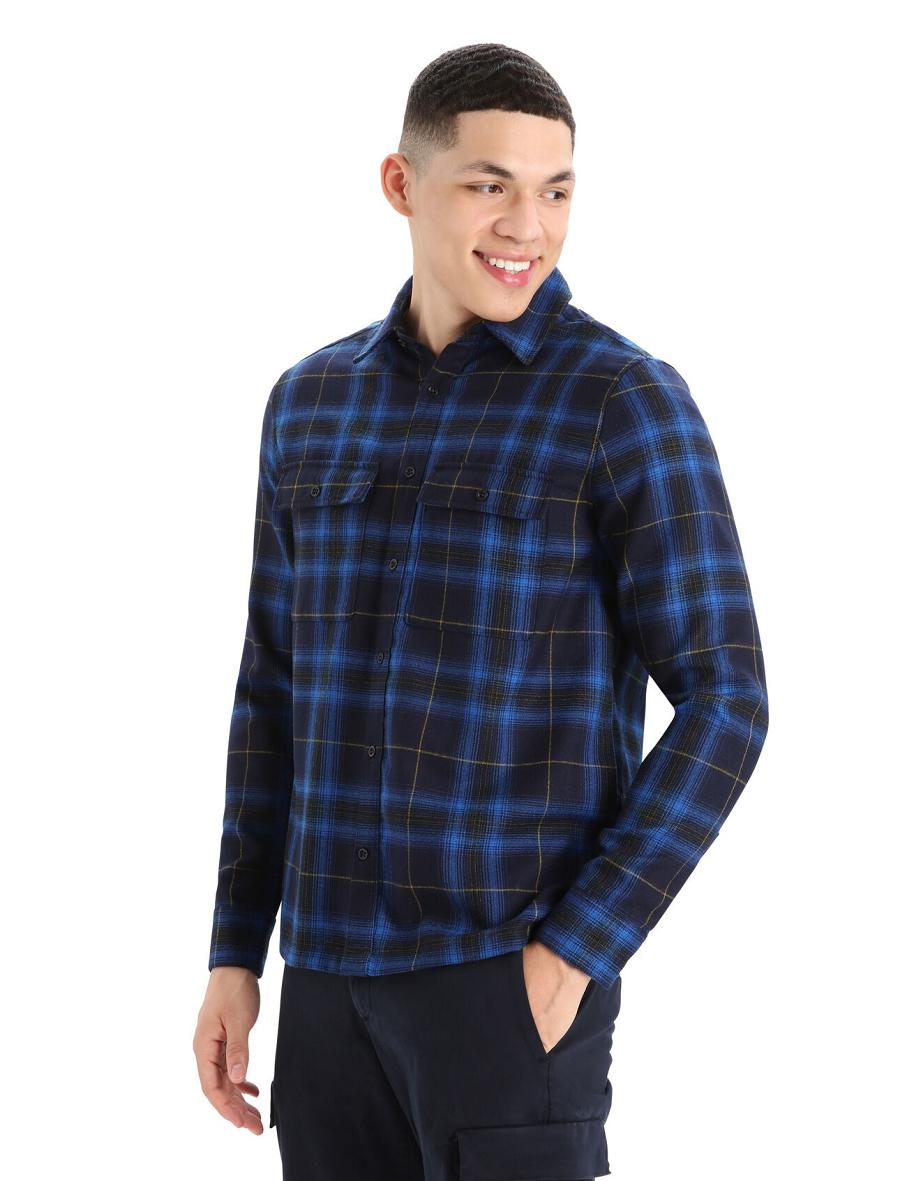 Icebreaker Merino Dawnder Long Sleeve Flannel Shirt Plaid Miesten Huppari Laivastonsininen | FI 1255OKIR